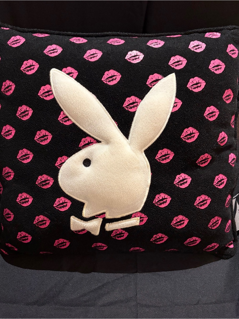 PLAYBOY Black Square Accent Pillow with Pink Kiss Print and White Bunny (2009)
